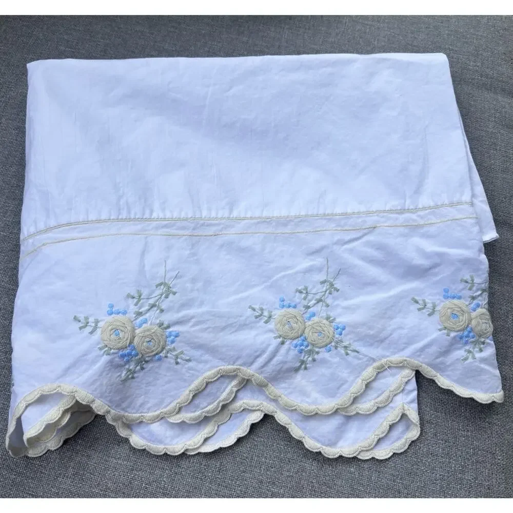 Vintage Hand Embroidered White Yellow Cotton Pillow Cover 31x22